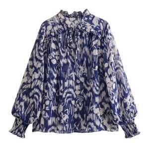 Zara Blue/White Ruffle Long Sleeve Top